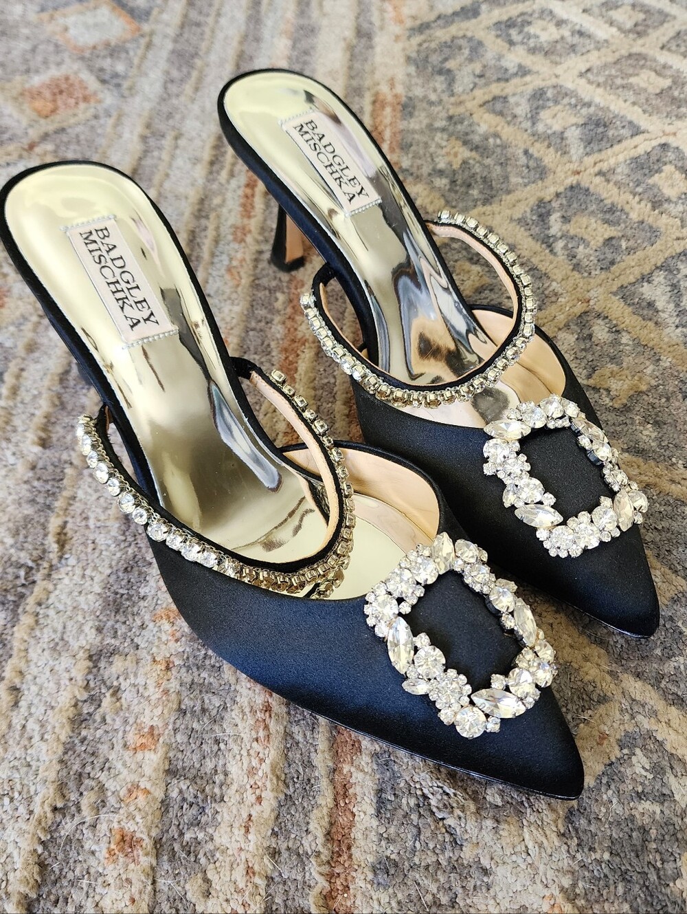 Badgley Mischka Black Satin Crystal Buckle Mules